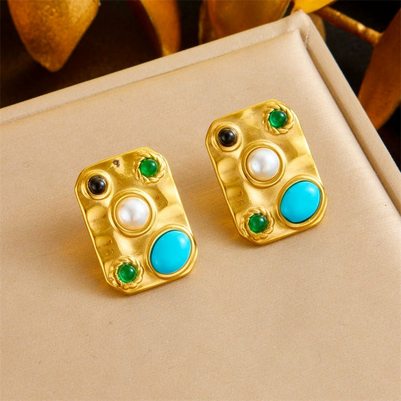 Wholesale Accessories Stainless Steel Earrings Retro Palace Style Inlaid Blue Pine Stone Geometric Pattern Gold Plated