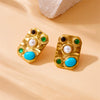 Wholesale Accessories Stainless Steel Earrings Retro Palace Style Inlaid Blue Pine Stone Geometric Pattern Gold Plated