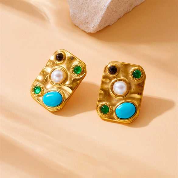 Wholesale Accessories Stainless Steel Earrings Retro Palace Style Inlaid Blue Pine Stone Geometric Pattern Gold Plated