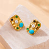 Wholesale Accessories Stainless Steel Earrings Retro Palace Style Inlaid Blue Pine Stone Geometric Pattern Gold Plated