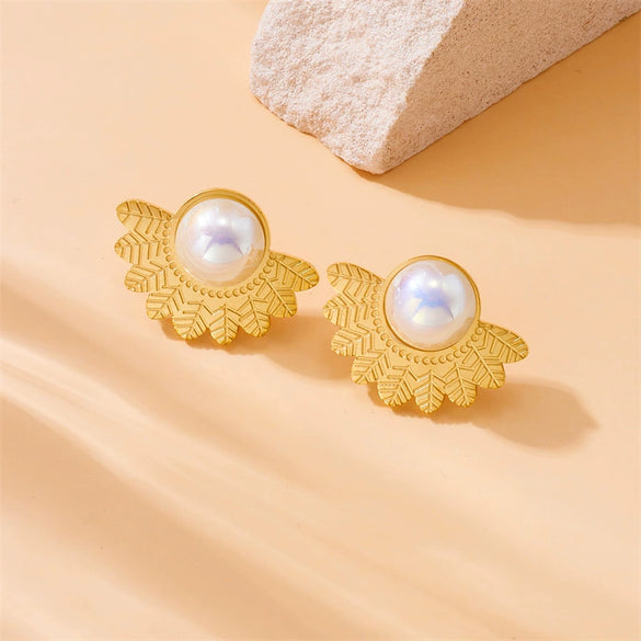 Wholesale Accessories Stainless Steel Goldplated Inlaid Pearl Fanshaped Feather Threepiece Set