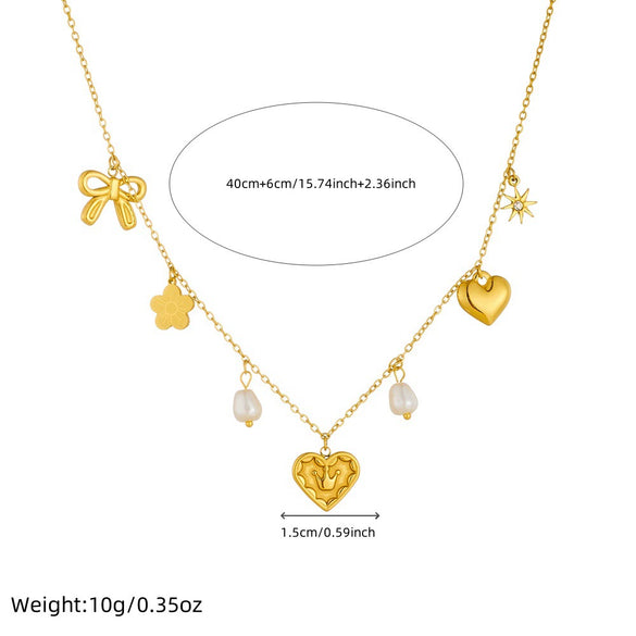 Wholesale Accessories Stainless Steel Heart Shape Love Crown Bow Pearl Electroplating Chain Necklace For Women