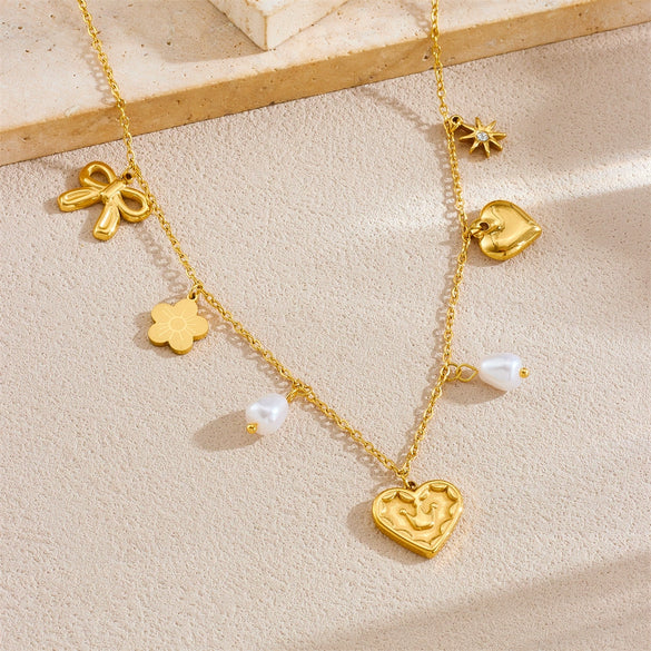 Wholesale Accessories Stainless Steel Heart Shape Love Crown Bow Pearl Electroplating Chain Necklace For Women