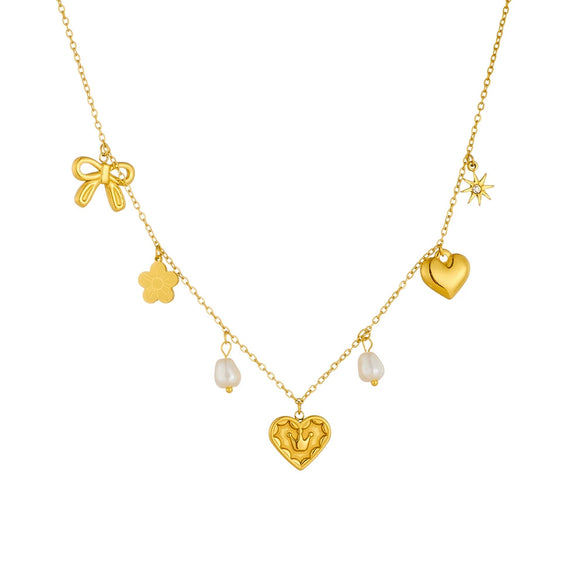 Wholesale Accessories Stainless Steel Heart Shape Love Crown Bow Pearl Electroplating Chain Necklace For Women