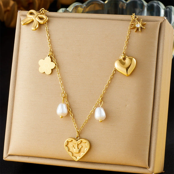 Wholesale Accessories Stainless Steel Heart Shape Love Crown Bow Pearl Electroplating Chain Necklace For Women