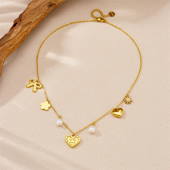 Wholesale Accessories Stainless Steel Heart Shape Love Crown Bow Pearl Electroplating Chain Necklace For Women