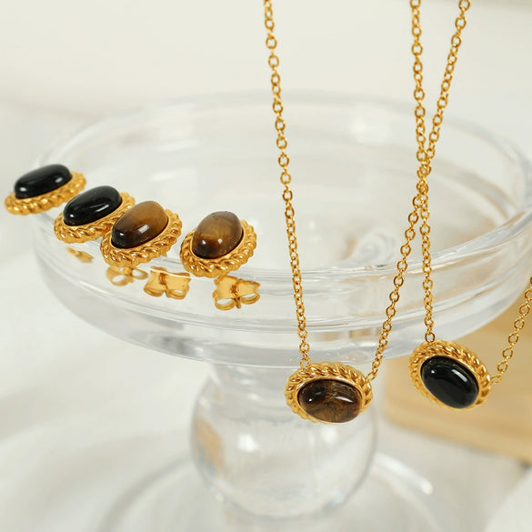 Wholesale Accessories 316L Stainless Steel Oval Inlaid Tiger's Eye Retro Geometric Love Water Drops Bell Style For Women