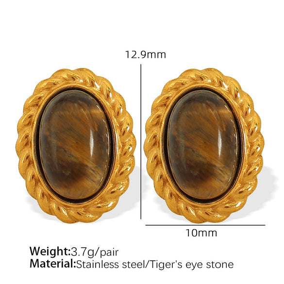 Wholesale Accessories 316L Stainless Steel Oval Inlaid Tiger's Eye Retro Geometric Love Water Drops Bell Style For Women