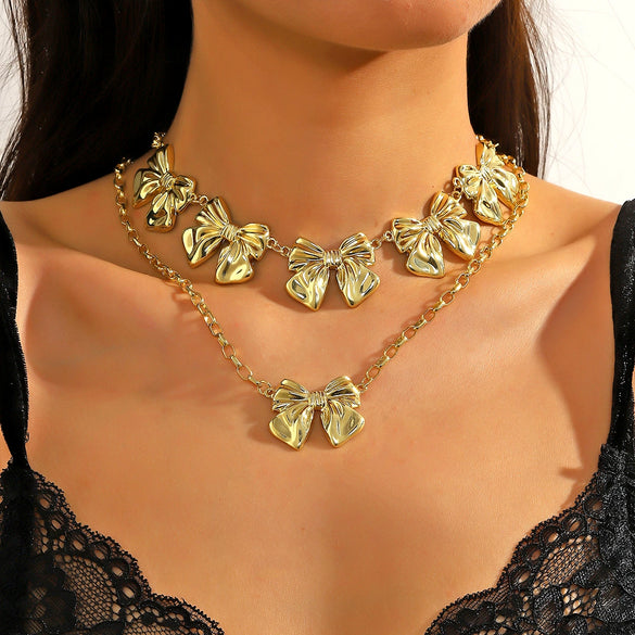 Wholesale Accessories Zinc Alloy Bowknot Geometric Ochain Necklace With Electroplating For Women