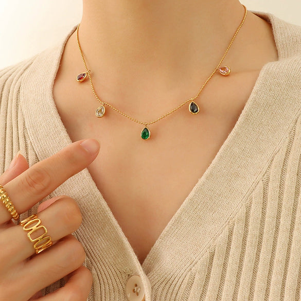 Wholesale Accessories Zircon Pendant Necklace With Ball Chain Light Luxury Geometric Style 316L Stainless Steel Electroplating