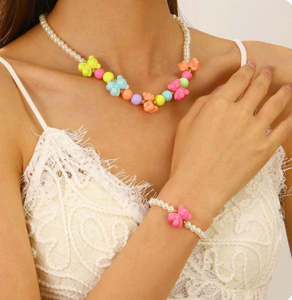 Wholesale Acrylic Beaded Flower Heart Water Drop Bell Handmade Necklace Bracelet Twopiece Set For Women