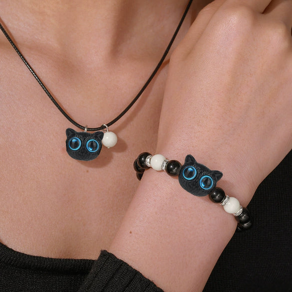 Wholesale Acrylic Beads Leather Rope Handmade Geometric Cute Kitten Luminous Couple Necklace And Bracelet Accessories
