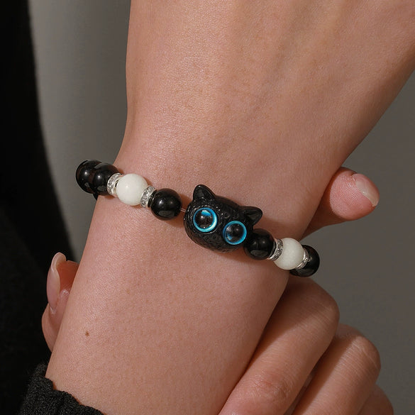 Wholesale Acrylic Beads Leather Rope Handmade Geometric Cute Kitten Luminous Couple Necklace And Bracelet Accessories