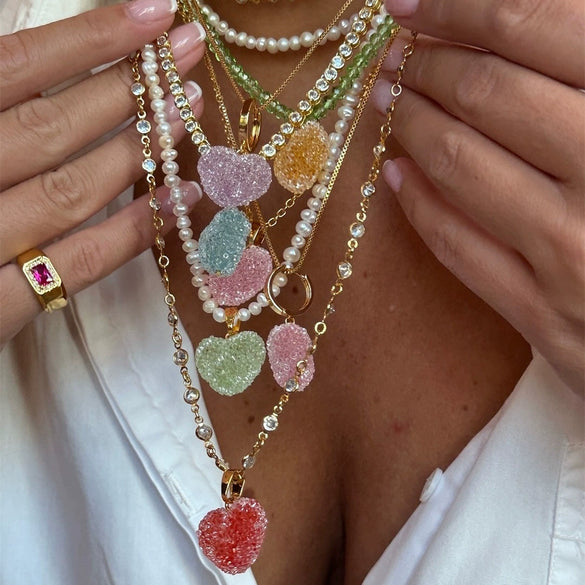 Wholesale Acrylic Heart Pendant Necklace With Colorful Love Pattern And Electroplating Process