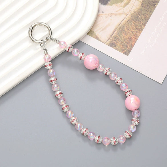 Wholesale Acrylic Light Luxury Solid Color Ab Beads Mobile Phone Pendant Electroplated Lanyard Wrist Strap