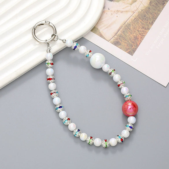 Wholesale Acrylic Light Luxury Solid Color Ab Beads Mobile Phone Pendant Electroplated Lanyard Wrist Strap
