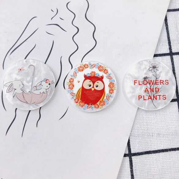 Wholesale Acrylic Resin Geometric Round Relief Rabbit Owl Patch Printing Pendant Jewelry Accessories
