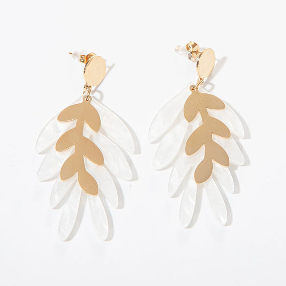 Wholesale Acrylic Stainless Steel Leaf Tassel Earrings 18K Goldplated Antifading