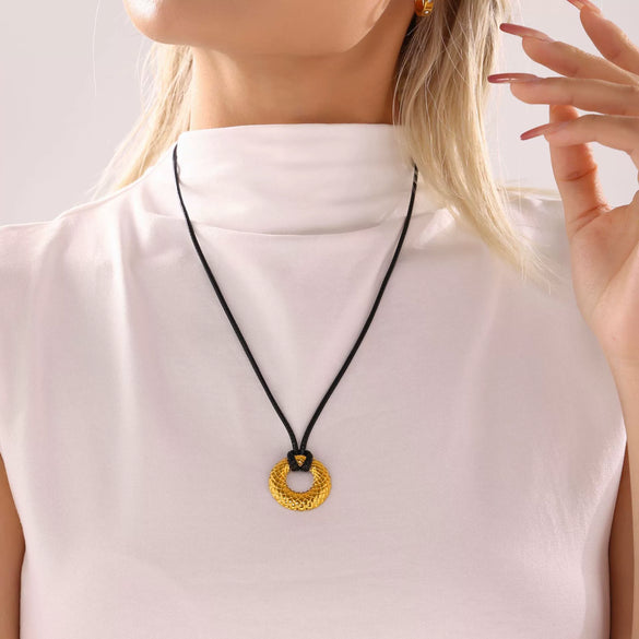 Wholesale Adjustable Black Leather Rope Sweater Chain With High Texture Embossed Round Stainless Steel Pendant Geometric Pattern Electroplated Jewelry For Women