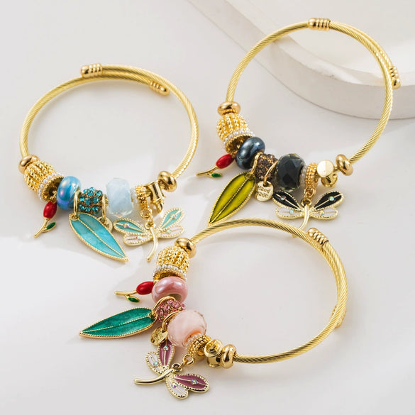 Wholesale Adjustable Couple Beaded Bracelet With Butterfly And Leaf Pendants Stainless Steel And Alloy Fashion Minimalist Set With Diamonds Women's