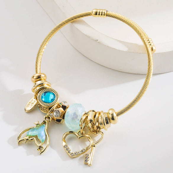 Wholesale Adjustable Couple Bracelet With Diamondencrusted Fishtail Love Key Pendant Fairy Style Fashion Ol Geometric Alloy And Titanium Steel