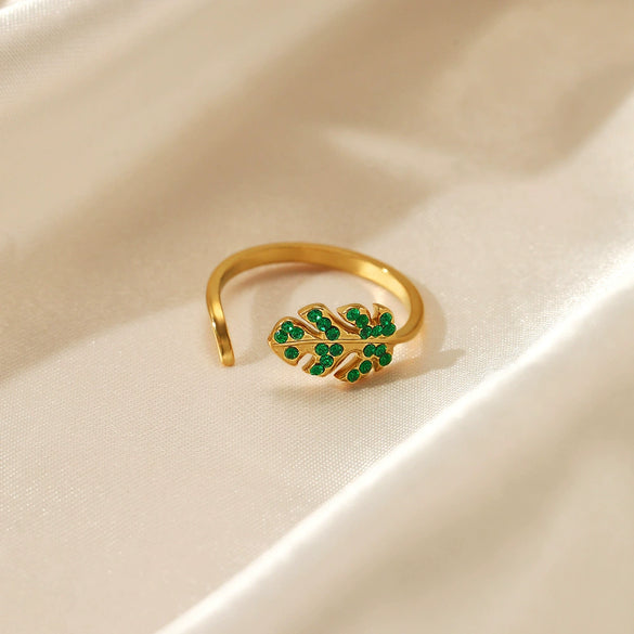 Wholesale Adjustable Green Diamond Flower Pattern Electroplated Stainless Steel Ring For Women