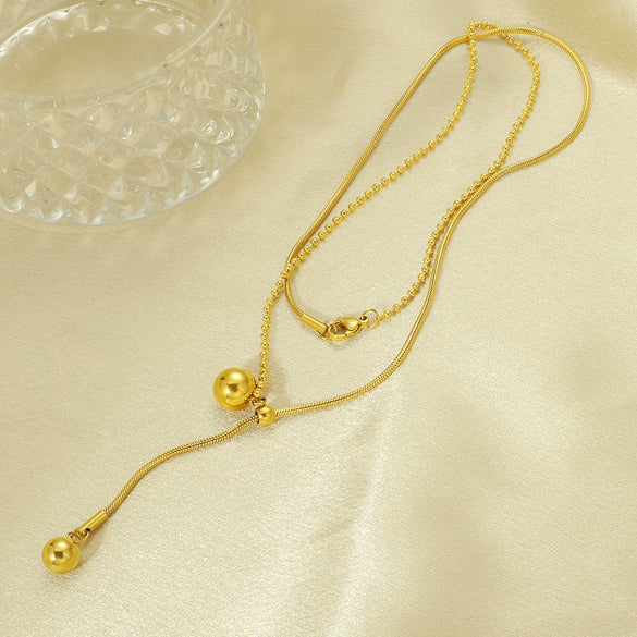 Wholesale Adjustable Long Necklace With Round Beads And Stitching For Women Stainless Steel Geometric Pattern Electroplated