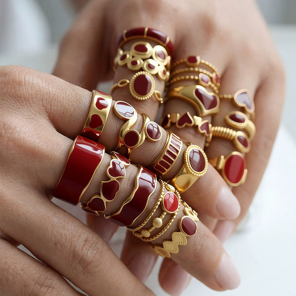 Wholesale Adjustable Open Stackable Finger Ring For Women Stainless Steel Titanium Steel Burgundy Gold Enamel Drip Oil Geometric Shape Highend