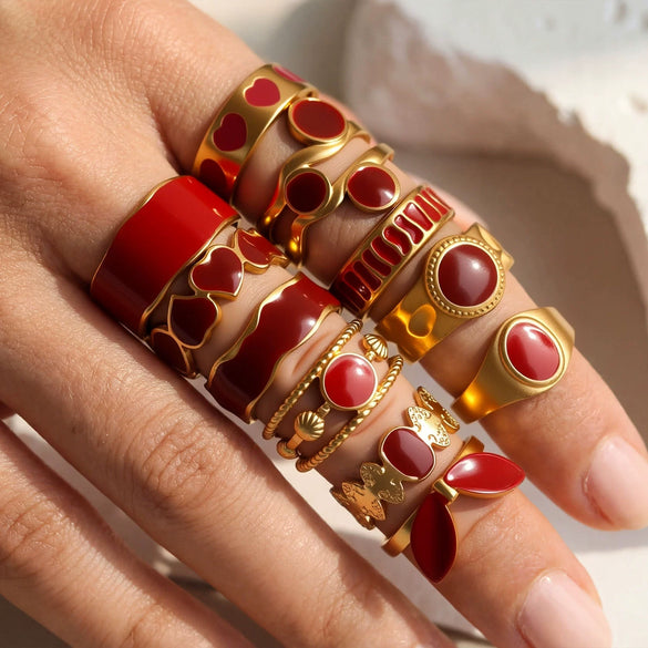Wholesale Adjustable Open Stackable Finger Ring For Women Stainless Steel Titanium Steel Burgundy Gold Enamel Drip Oil Geometric Shape Highend