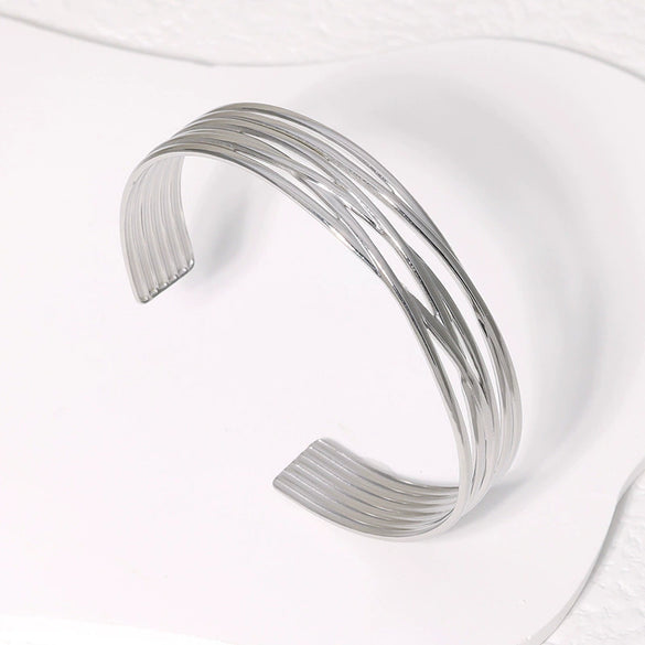 Wholesale Adjustable Opening Stainless Steel Bracelet With Geometric Lines Electroplated For Women Simple Style Nonfading