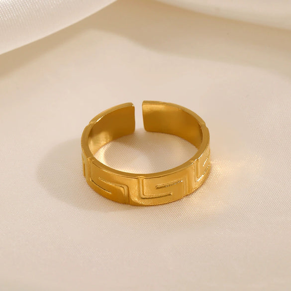 Wholesale Adjustable Opening Stainless Steel Ring For Women With Geometric Design And Real Gold Plating