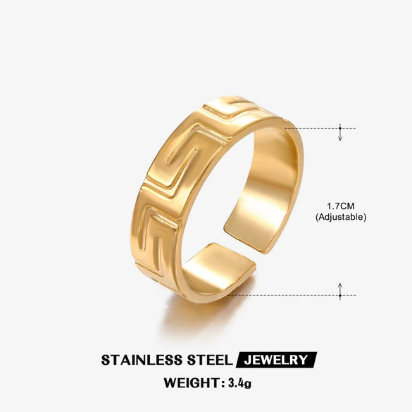 Wholesale Adjustable Opening Stainless Steel Ring For Women With Geometric Design And Real Gold Plating