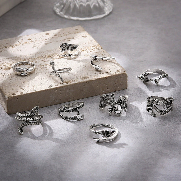 Wholesale Adjustable Retro Snake Shaped Bat Dragon Claw Animal Combination Ring Set In Alloy With Electroplating Treatment