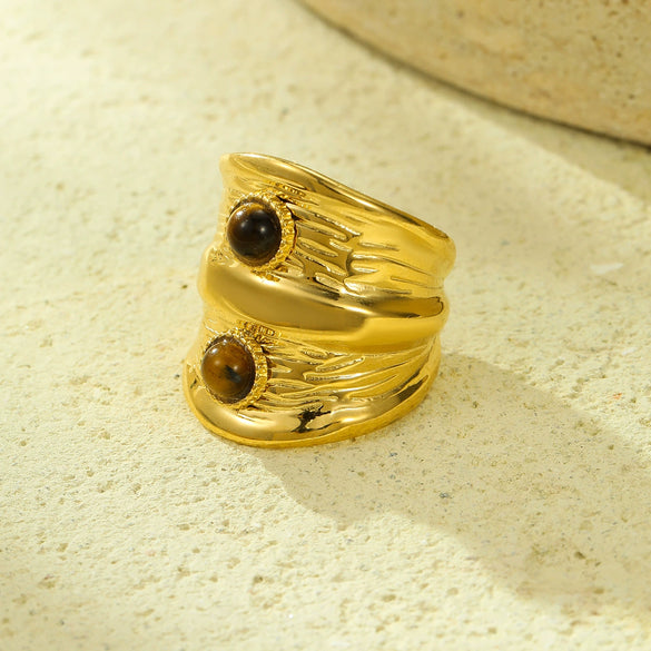 Wholesale Adjustable Wide Double Tiger Eye Inlaid Stainless Steel Ring Light Luxury Style Electroplated