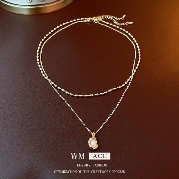 Wholesale Alloy And Copper Double Layer French Pleated Pearl Peas Clavicle Chain With Geometric Pattern And Electroplating Treatment Light Luxury Style For Women