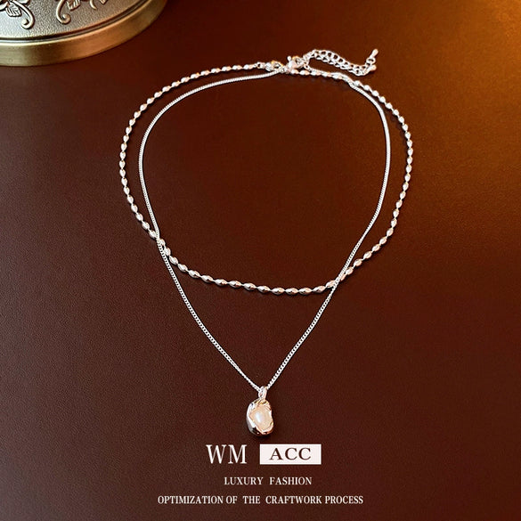 Wholesale Alloy And Copper Double Layer French Pleated Pearl Peas Clavicle Chain With Geometric Pattern And Electroplating Treatment Light Luxury Style For Women