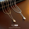 Wholesale Alloy And Copper Double Layer French Pleated Pearl Peas Clavicle Chain With Geometric Pattern And Electroplating Treatment Light Luxury Style For Women