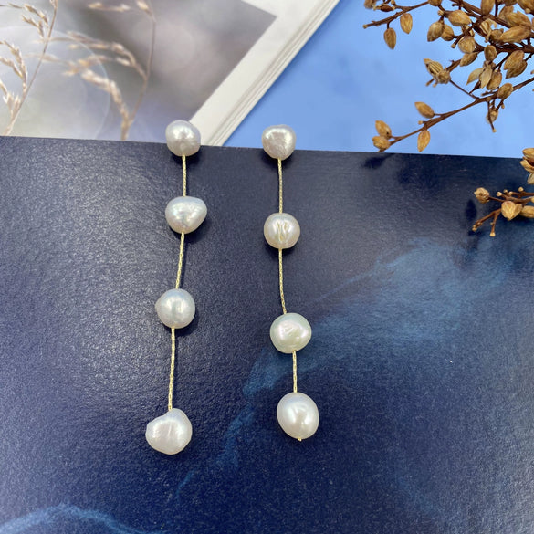 Wholesale Alloy And S925 Silver Natural Pearl Long Earrings With Geometric Pattern And Gold Electroplated For Women