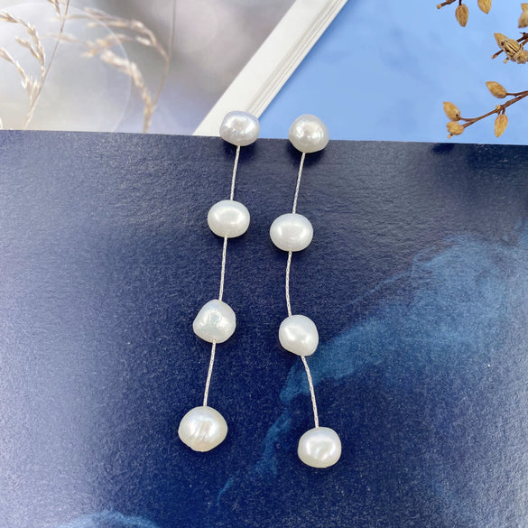 Wholesale Alloy And S925 Silver Natural Pearl Long Earrings With Geometric Pattern And Gold Electroplated For Women