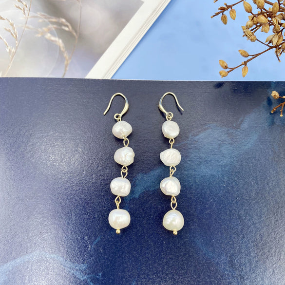 Wholesale Alloy And S925 Silver Natural Pearl Long Earrings With Geometric Pattern And Gold Electroplated For Women
