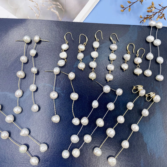 Wholesale Alloy And S925 Silver Natural Pearl Long Earrings With Geometric Pattern And Gold Electroplated For Women
