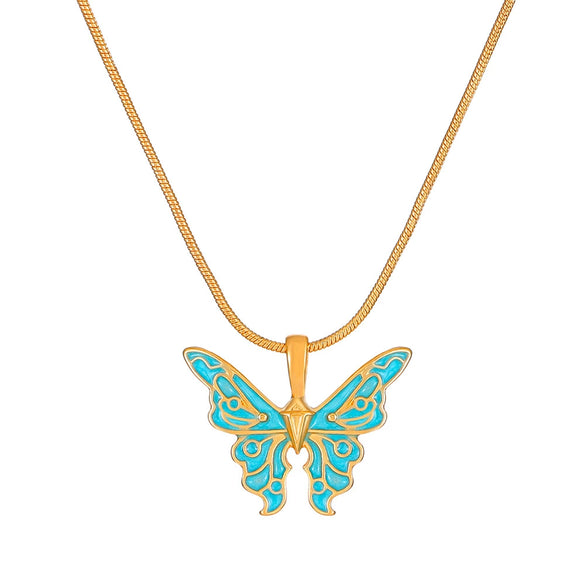 Wholesale Alloy Animal And Zodiac Pattern Butterfly Pendant Necklace With Snake Bone Chain And Electroplating
