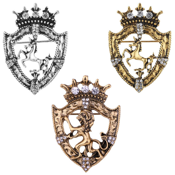 Wholesale Alloy Animal Lion Shield Horse Crown Electroplated Brooch For Men As Suit Accessories Jewelry