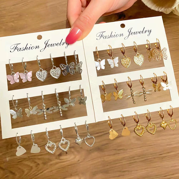 Wholesale Alloy Animals Zodiac Heart Shaped Electroplated Butterfly Dragonfly Earring Set
