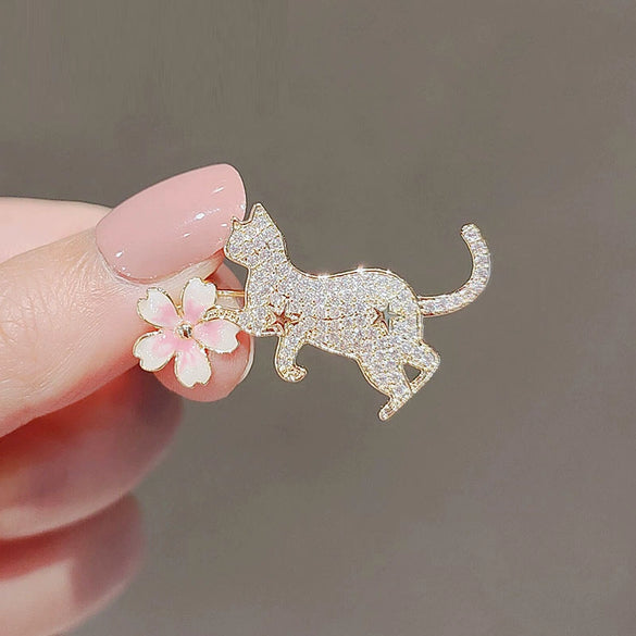 Wholesale Alloy Antilight Women's Cute Animal Kitten Cherry Blossom Brooch Electroplated