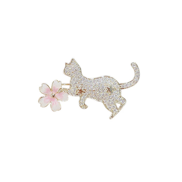 Wholesale Alloy Antilight Women's Cute Animal Kitten Cherry Blossom Brooch Electroplated
