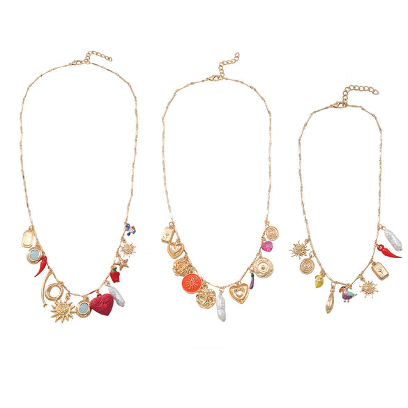 Wholesale Alloy Bamboo Chain Women's Fashion Geometric Star Multilayer Necklace With Electroplating Love Bird Charm