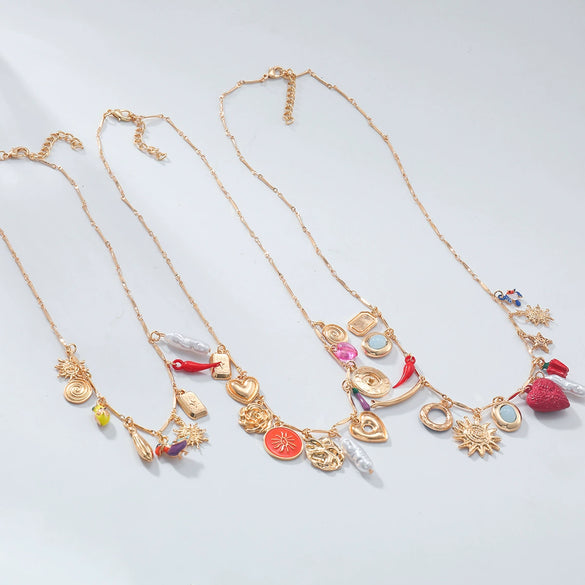 Wholesale Alloy Bamboo Chain Women's Fashion Geometric Star Multilayer Necklace With Electroplating Love Bird Charm