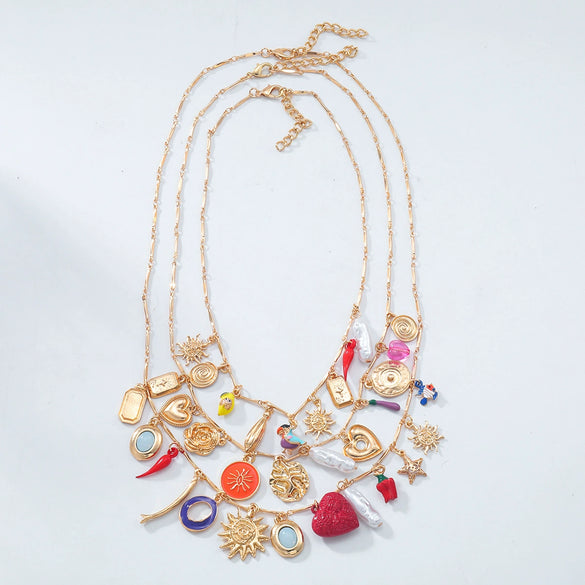 Wholesale Alloy Bamboo Chain Women's Fashion Geometric Star Multilayer Necklace With Electroplating Love Bird Charm