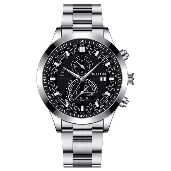 Wholesale Alloy Band Men's Round Dial Quartz Watch With Fake Two Eyes Calendar And Horseshoe Buckle Leisure Style